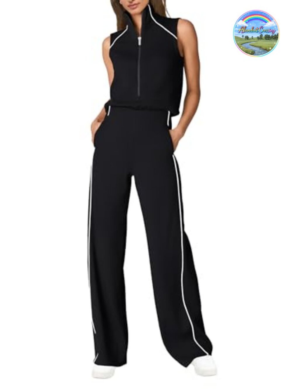 Sleeveless Mock Neck Wide Leg Jumpsuit with Pockets